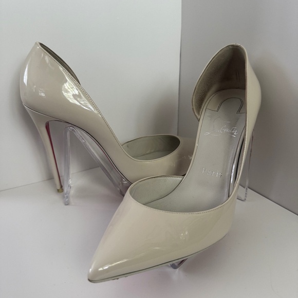 Christian Louboutin Iriza 100 Craie White Grey Patent Leather Heel Pump 39.5 - Picture 1 of 6
